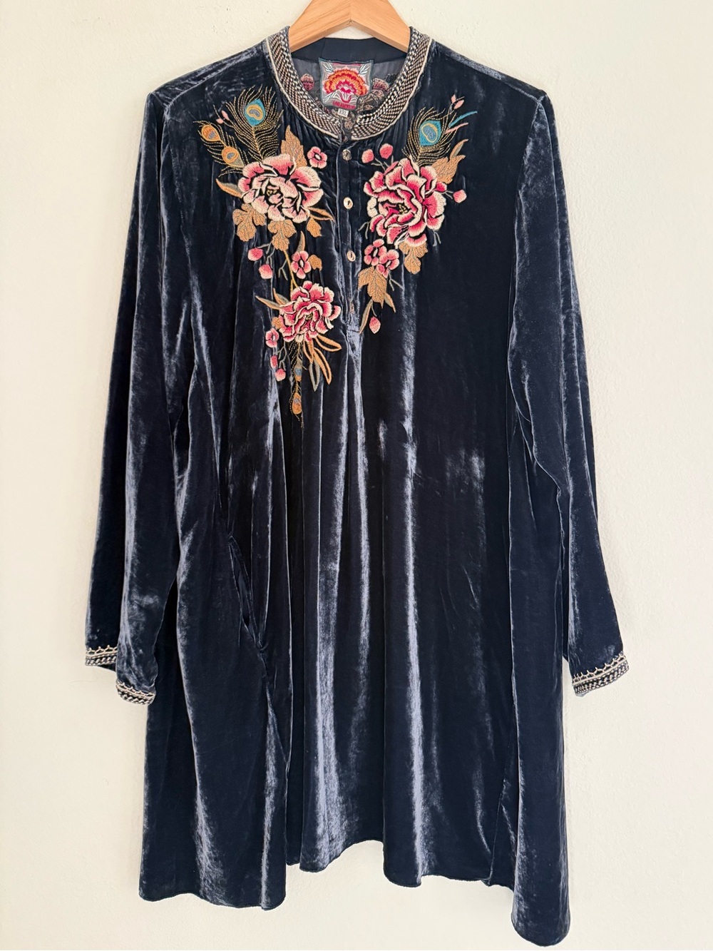 Johnny Was Quito Velvet Embroidered Tunic Dress floral peacock embroidery